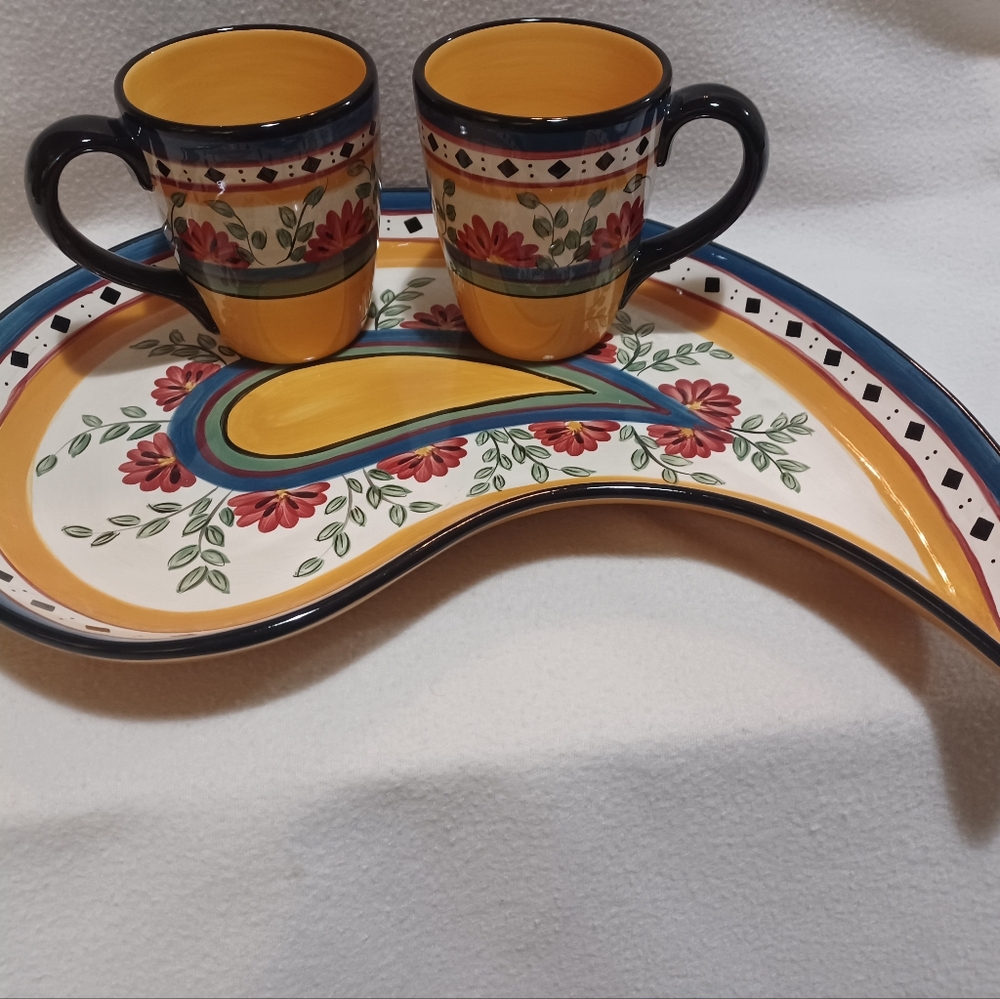 Paisley Shaped Platter w/ 2 Coffee Mugs Plus One Bowl - Picture 2 of 14